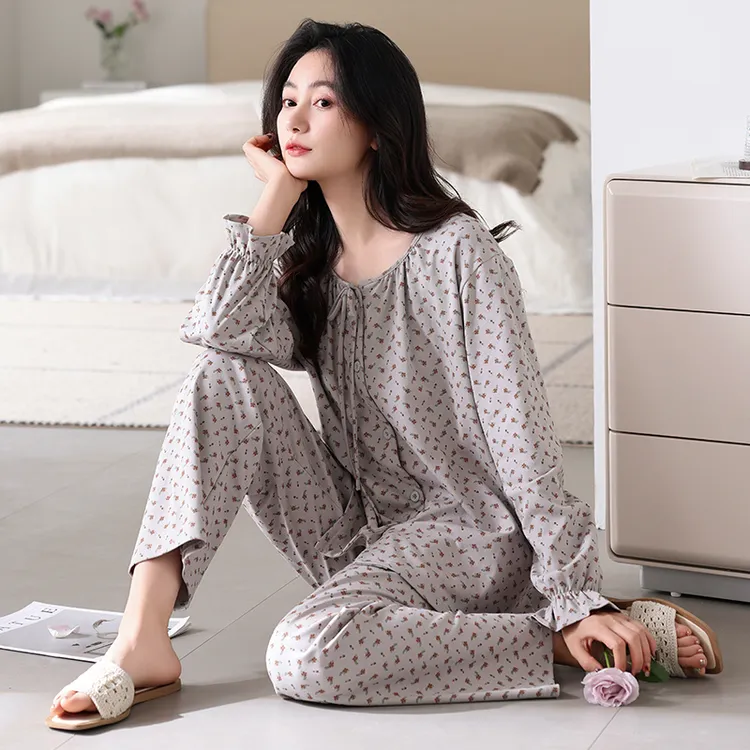 休闲慵懒风圆领开衫长袖睡衣女士可外穿薄款家居服套装春秋季新款