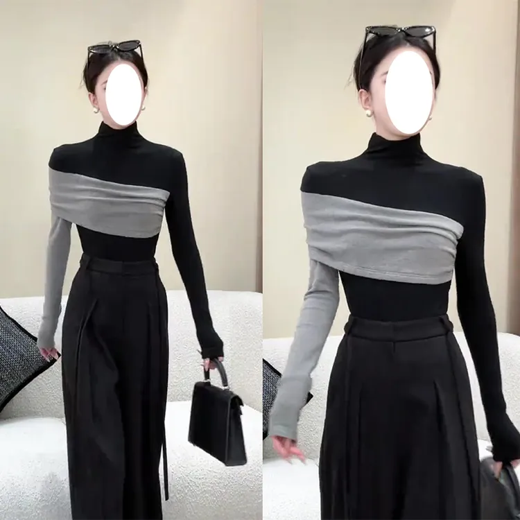 微胖大码秋季老钱风黑色长袖T恤半高领拼接打底衫修身显瘦女上衣