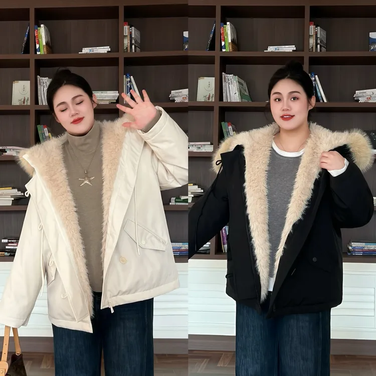 花契“融化冰山”大码女装显瘦胖mm-90白鸭绒毛茸茸羽绒服16177-F