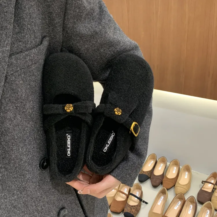 秋冬季新款毛毛加绒平底玛丽珍鞋女蝴蝶结厚底加绒保暖棉鞋豆豆鞋