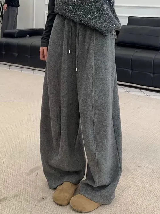 松紧腰抽绳弯刀呢子长裤拖地裤女2025冬季新款加厚毛呢韩版阔腿裤