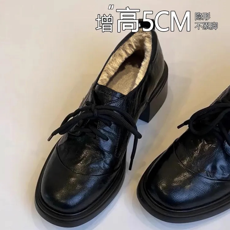 品牌断码软皮复古粗跟系带乐福鞋女加绒保暖厚底高跟小皮鞋毛毛鞋