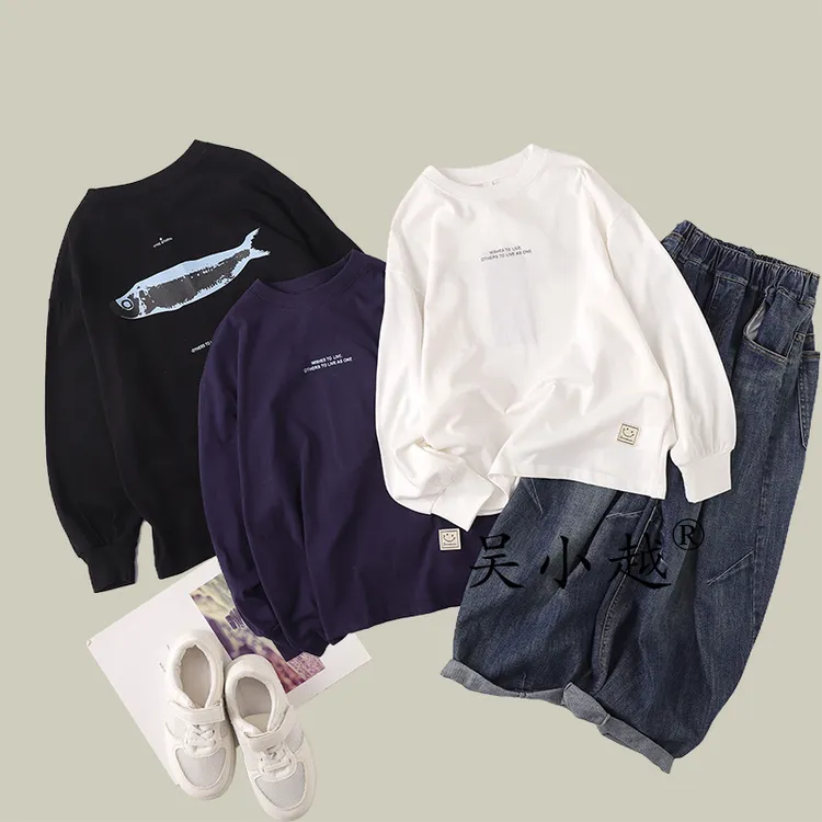 吴小越w1597男童打底衫秋款宽松韩版无感数码印花棉t恤中大童