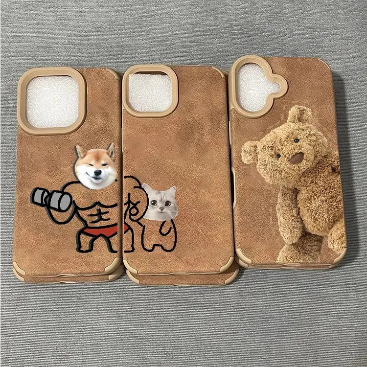 情侣肌肉小狗适用苹果16手机壳新款iPhone15秋冬14小众13皮质12软