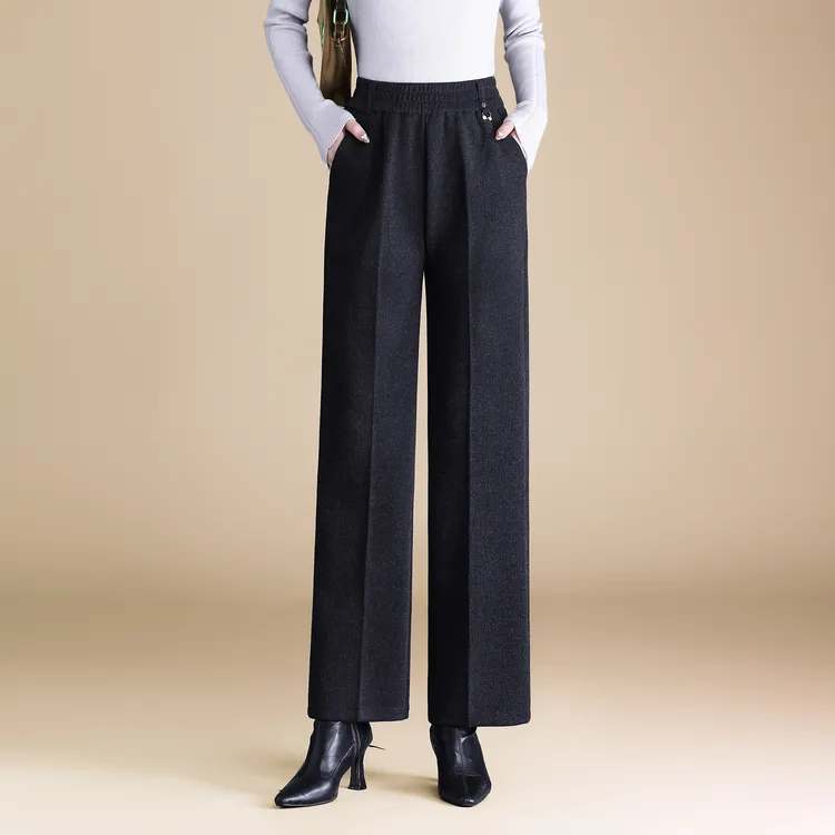 中年女裤时尚妈妈款宽松直筒裤高腰毛呢窄版阔腿大码加绒秋冬长裤