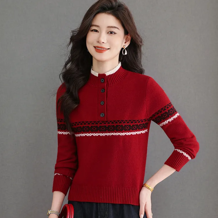 哥弟阿玛施正品冬季新款拼色半高领纽扣花纹针织衫女减龄休闲百搭