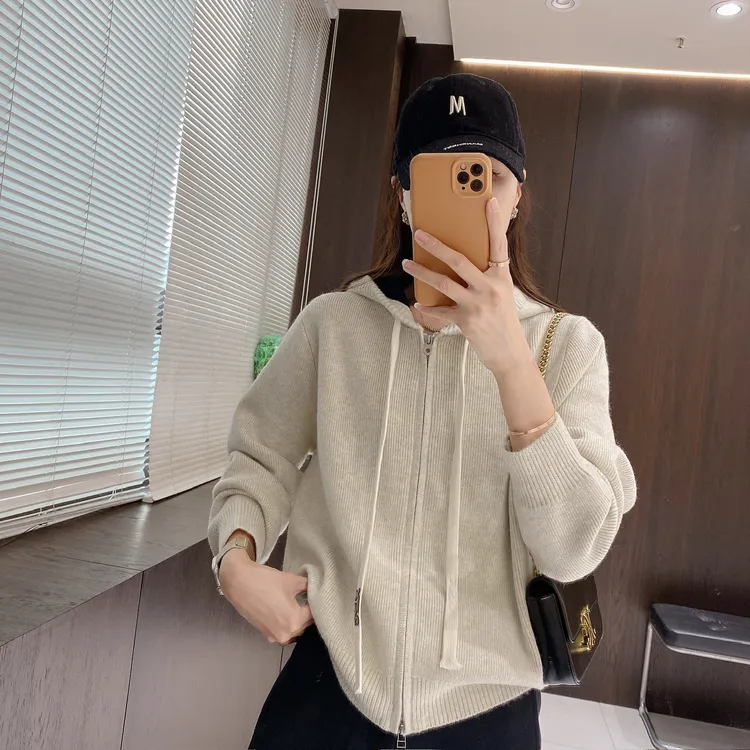 IMFLY金小金自制女装 针织开衫DYW9867秋季休闲连帽长袖拉链外套