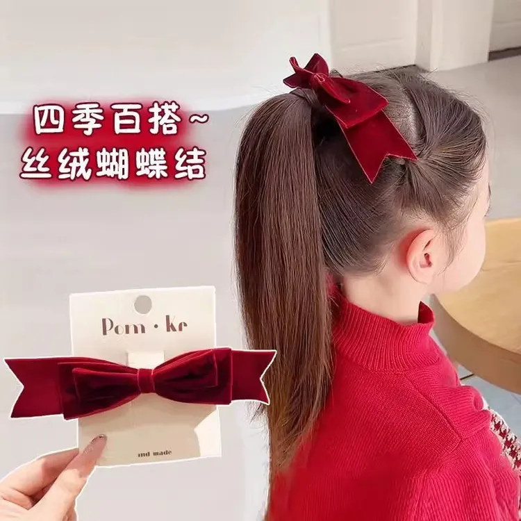 2025新款丝绒立体蝴蝶结发夹气质公主顶夹经典高马尾新年喜庆发卡