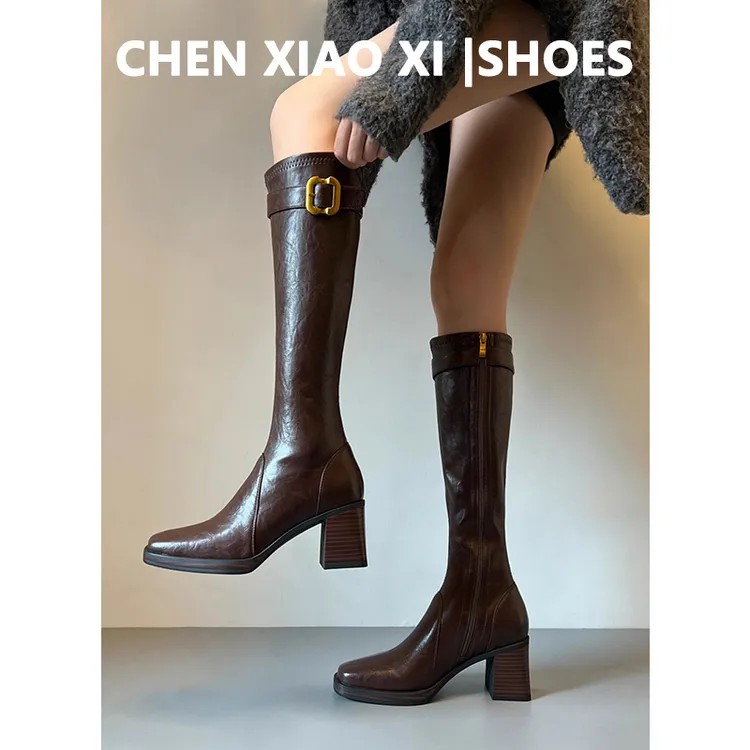 牛皮版！金属扣厚底不过膝长靴女粗跟长筒靴复古棕色高筒靴骑士靴