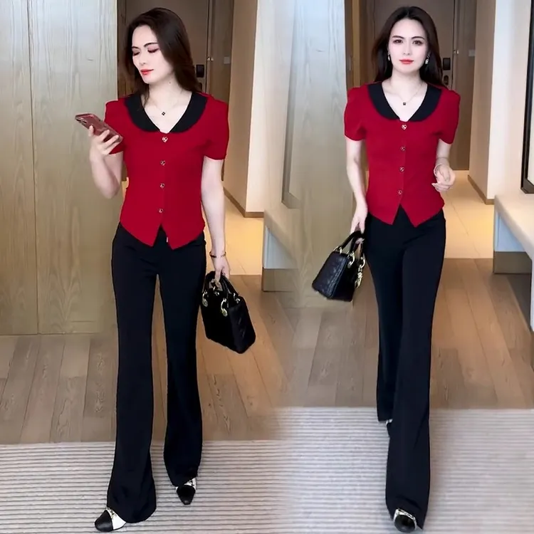 2025夏季新款洋气娃娃领T恤上衣时尚套装女气质显瘦小众女装