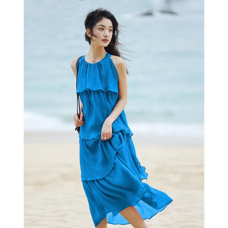 【德玛纳品牌】层次感吊带连衣裙夏度假风复古砖红色气质蛋糕裙