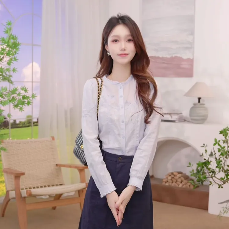 【琥珀流光】茵曼25秋季纯棉法式荷叶边刺绣衬衫气质高级感长袖衬衣