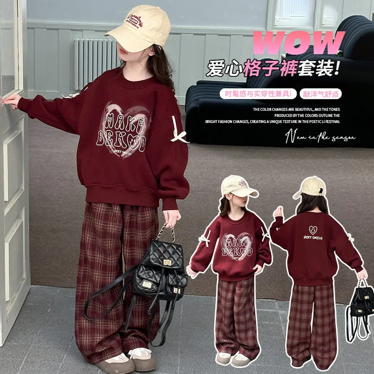 女童春秋2025新款红色卫衣休闲格子裤套装女孩宽松上衣两件套裤子
