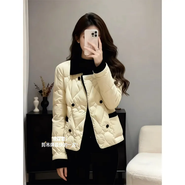 米杏色夹棉外套女初冬高端时髦洋气名媛小香风超好看翻领加厚棉服