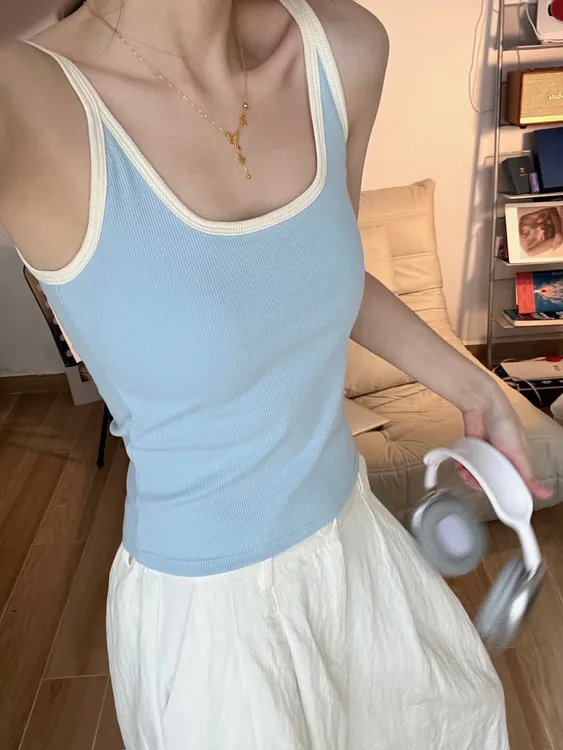 韩系纯欲撞色罗文吊带背心早秋新款带胸垫百搭修身外穿内搭上衣