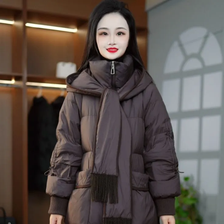 冬季新款优雅时尚百搭气质显瘦减龄带围巾鸭绒羽绒服外套M-XL