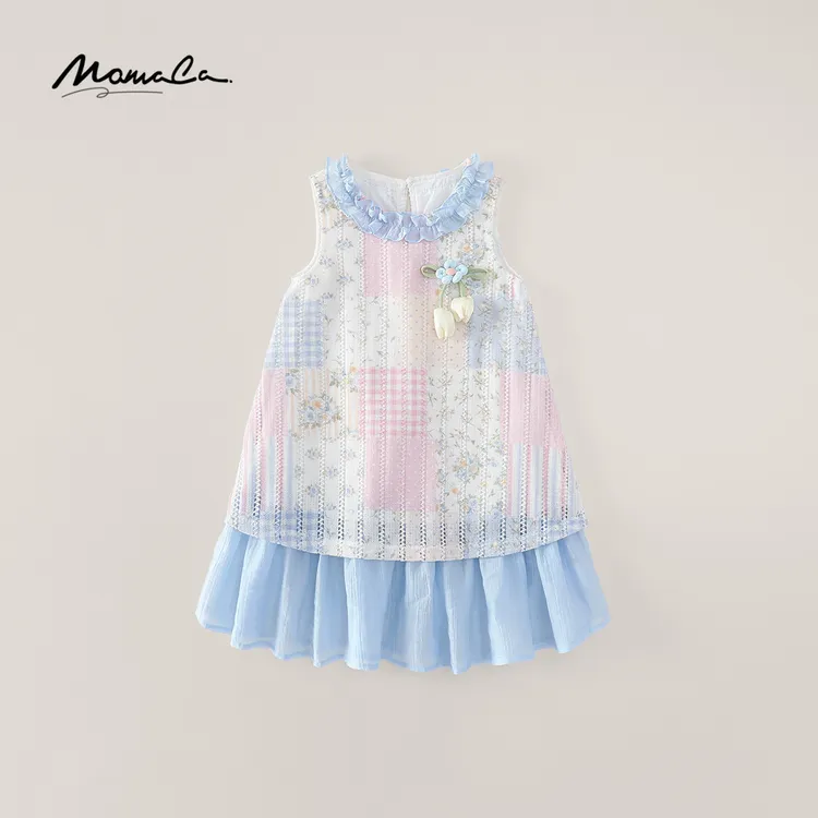 MOMOCO女童2025新款夏季简约设计领口花边无袖连衣裙77620470025