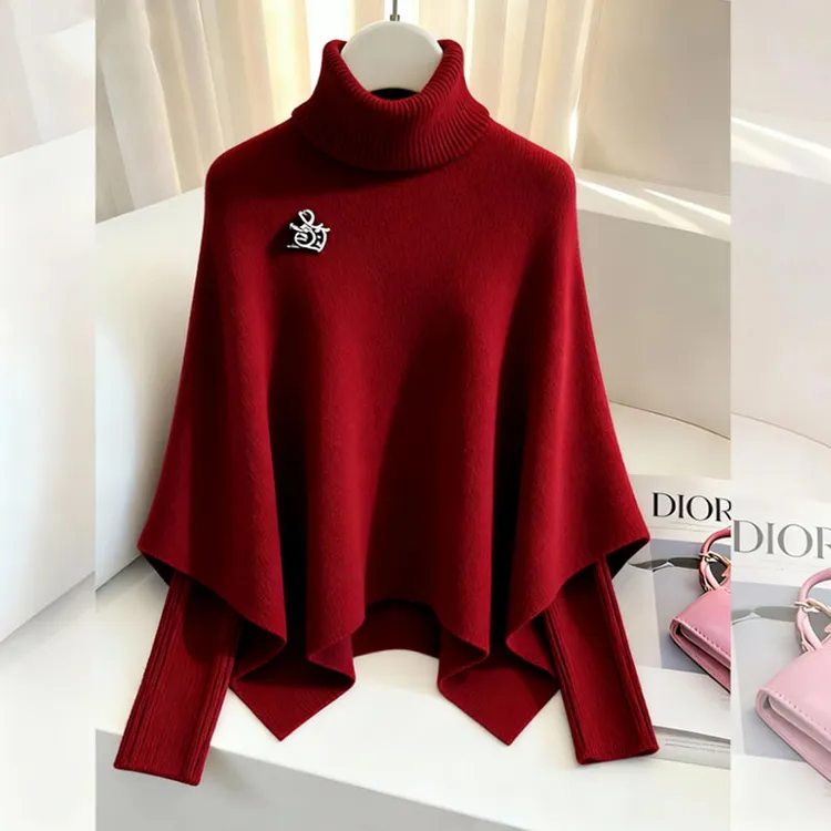 秋冬新款针织衫慵懒高级感跨年圣诞氛围感穿搭红色假两件斗篷毛衣