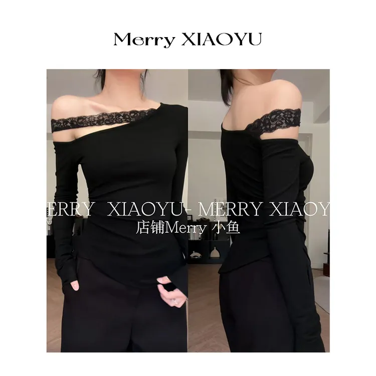 【小鱼】辣妹蕾丝拼接设计师黑色长袖修身性感显瘦纯欲风百搭上衣