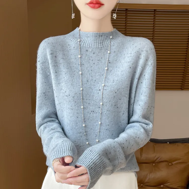 羊绒衫女100%羊绒一线成衣彩点半高领针织打底衫秋冬加厚宽松毛衣
