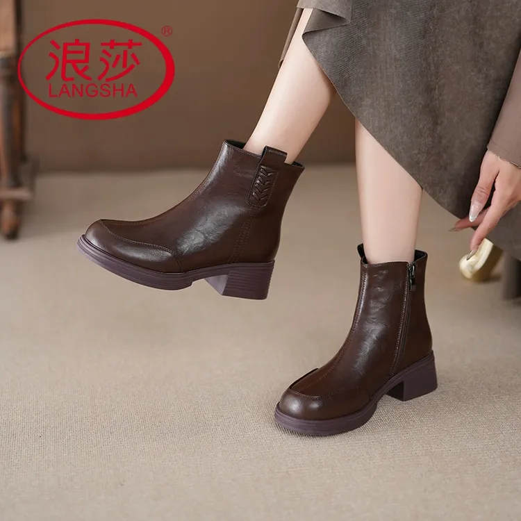LangSha/浪莎2025秋冬新款加绒女士靴子时尚百搭女靴子高帮单靴女