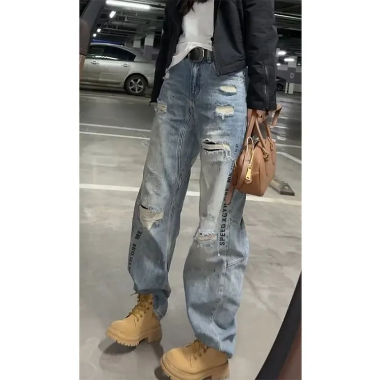 艾塔莉显瘦字母牛仔裤女春季新款胖mm梨形身材直筒裤大码阔腿裤