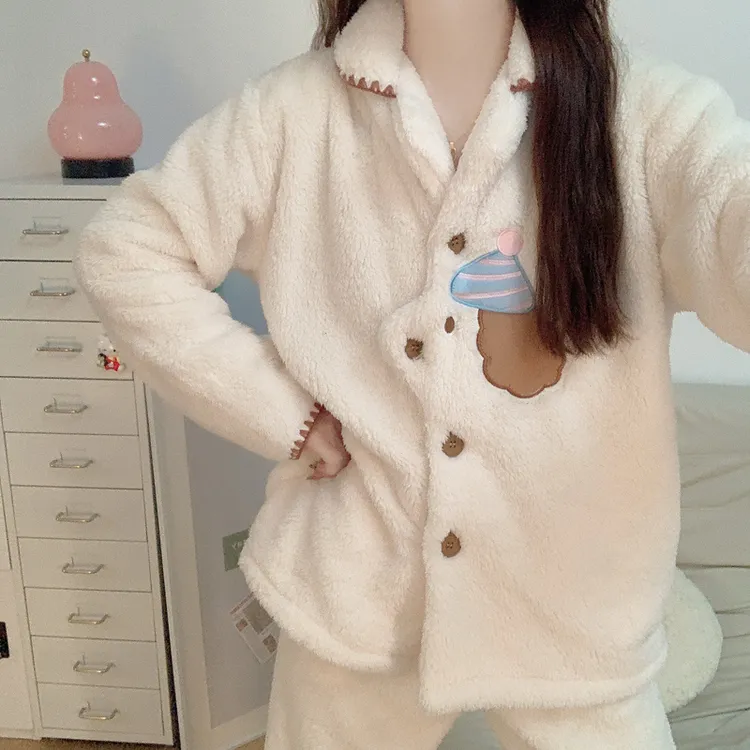 【加绒加厚】珊瑚绒睡衣女款秋冬季卡通帽子狗法兰绒保暖家居服套装