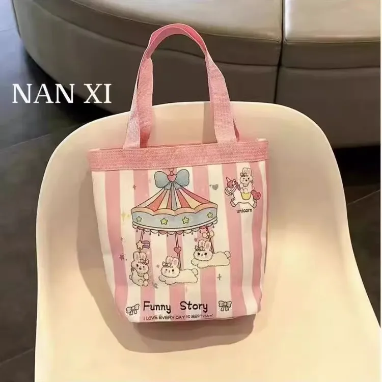 可爱插画水桶手提包少女心妈咪便当袋上班小拎包保温饭盒手提袋