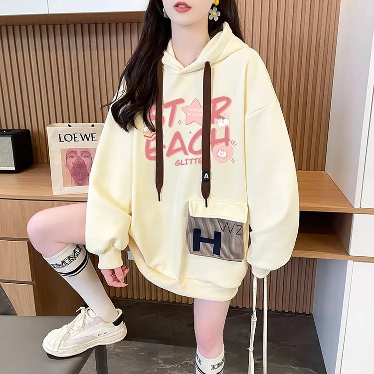 早秋新款纯棉华棉连帽卫衣女春秋季薄款韩版宽松大码中长款印花潮
