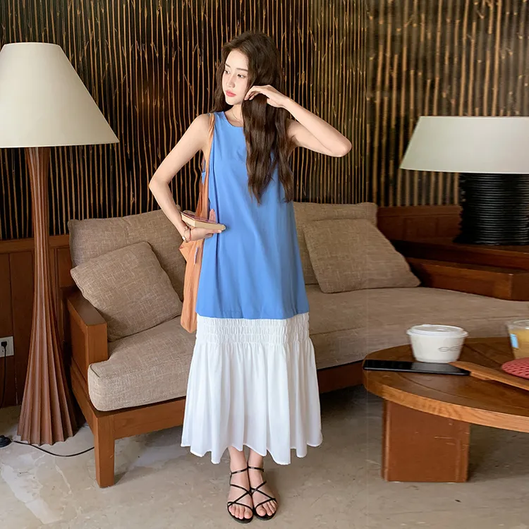 法式撞色拼接假两件无袖连衣裙女2025夏季简单大方气质显瘦背心裙