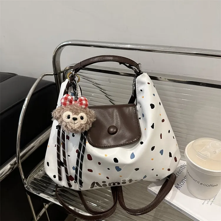 波点刺绣夹层拉链袋扣式单肩包布包日系学生小众洋气休闲