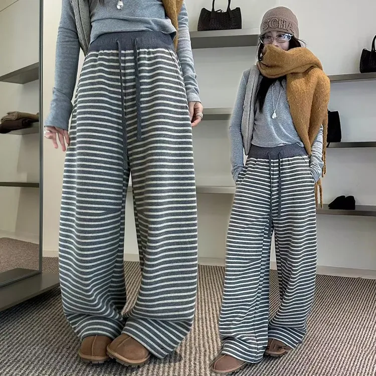 慵懒针织拼接条纹加绒裤子冬款加厚显瘦弯刀裤宽松设计感休闲裤