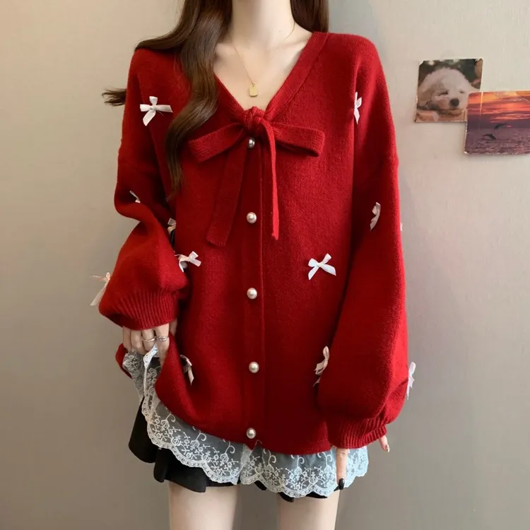 大码胖mm秋季新款时尚蕾丝边长袖开衫毛衣宽松显瘦简约百搭上衣女