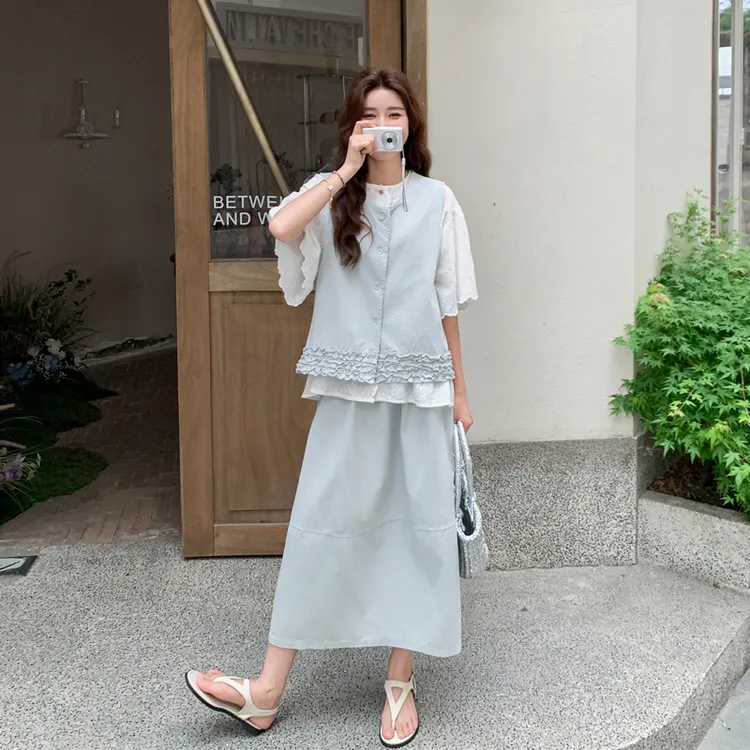 韩系小清新套装裙夏季女2025新款复古文艺范马甲衬衫半身裙三件套