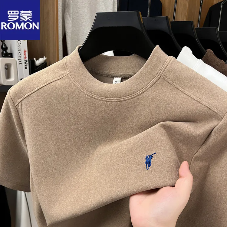 罗蒙2025秋冬季新款德绒半高领短袖内搭打底衫男新款保暖纯色T恤