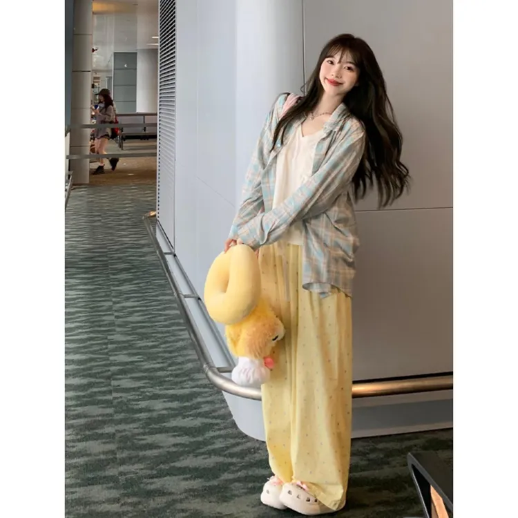 多巴胺黄色波点碎花休闲裤女夏季宽松显瘦高腰直筒阔腿拖地长裤子