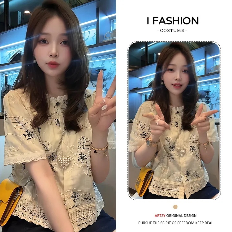 复古中式蕾丝花边短袖衬衫女2025年夏季新款法式气质百搭短款小衫