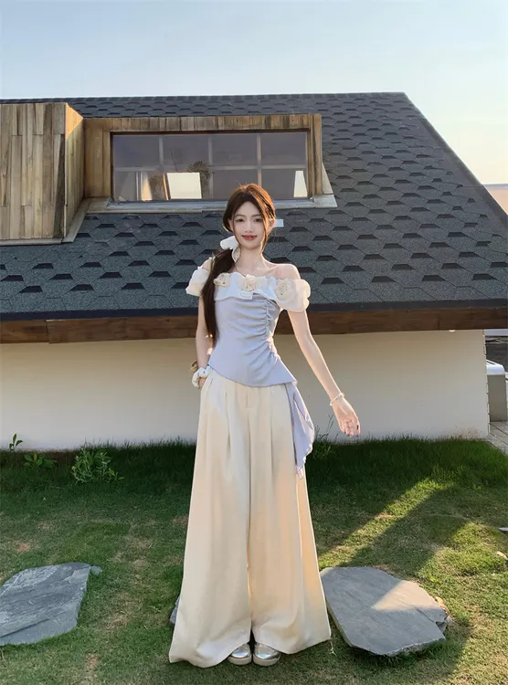 2025新款不规则T恤夏季纯欲花朵一字肩修身显瘦抽褶上衣女chic