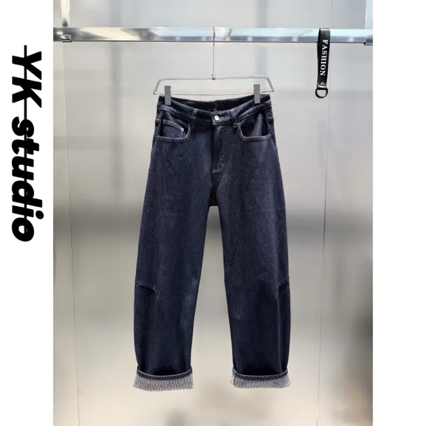 加厚水洗高级垂感丹宁弯刀香蕉直筒百搭大码结构裁剪普洗蓝牛仔裤