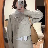 大码小香风时尚套装女秋季长袖POLO领卫衣胖MM高腰包臀半裙两件套