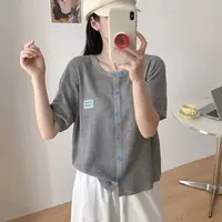 【方块蕾丝小衫】减龄小标圆领设计感单排扣针织短袖