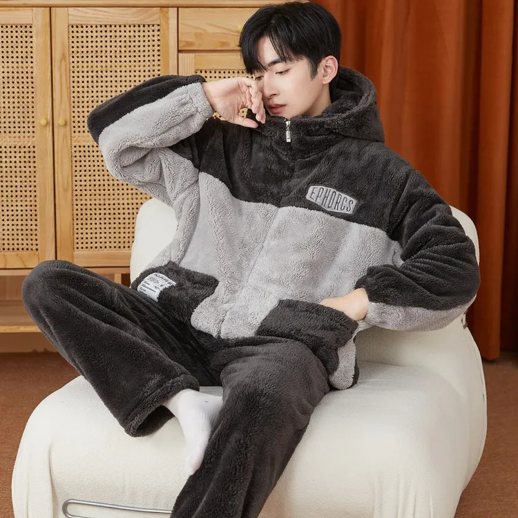 男士珊瑚绒保暖睡衣冬款法兰绒加绒加厚大码简约休闲风家居服套装