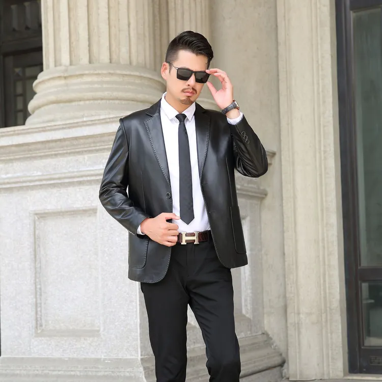 海宁高档秋冬款头层绵羊皮休闲时尚真皮男士修身商务单西装皮外套