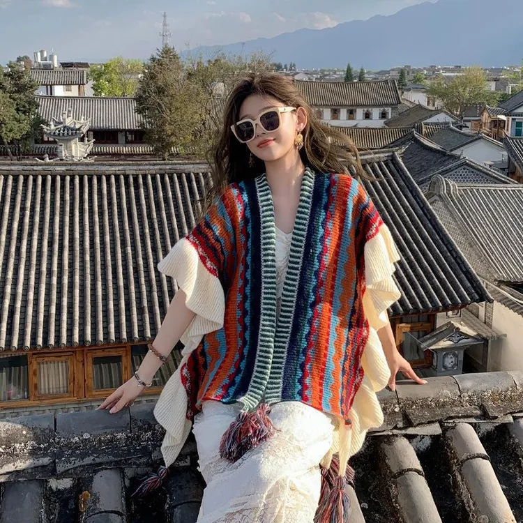 时尚条纹披肩女丽江民族风旅游街拍穿搭新疆斗篷外套外搭披风围巾