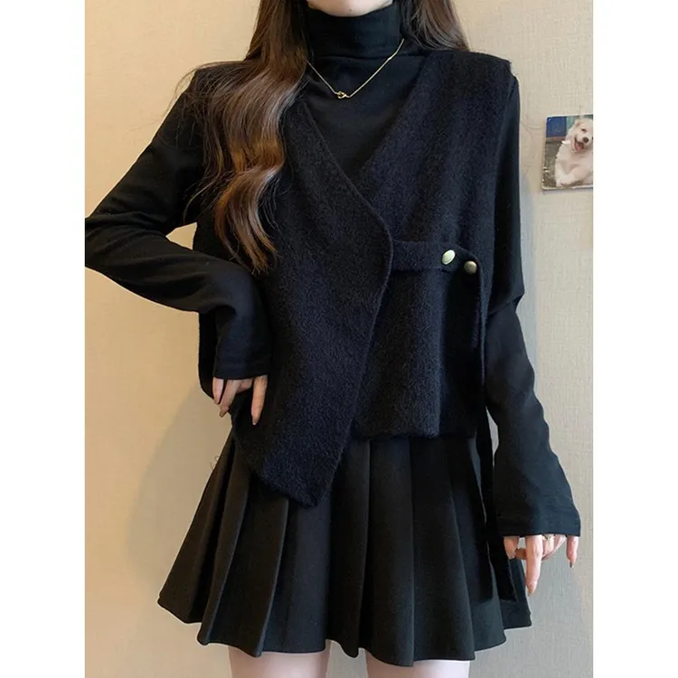 大码遮肚子小香风毛呢马甲两件套女秋冬胖妹妹显瘦内搭T恤打底衫