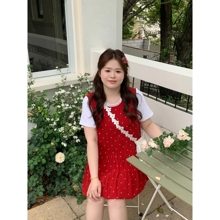 Dottie Ting【港岛假日】大头婷微胖夏季波点圆领无袖连衣裙短裙