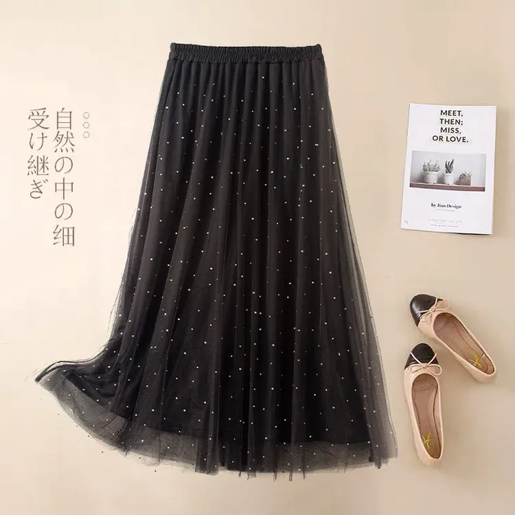 2层纱+内衬女士网纱半身裙亮片A字裙遮胯显瘦CC690优雅时尚