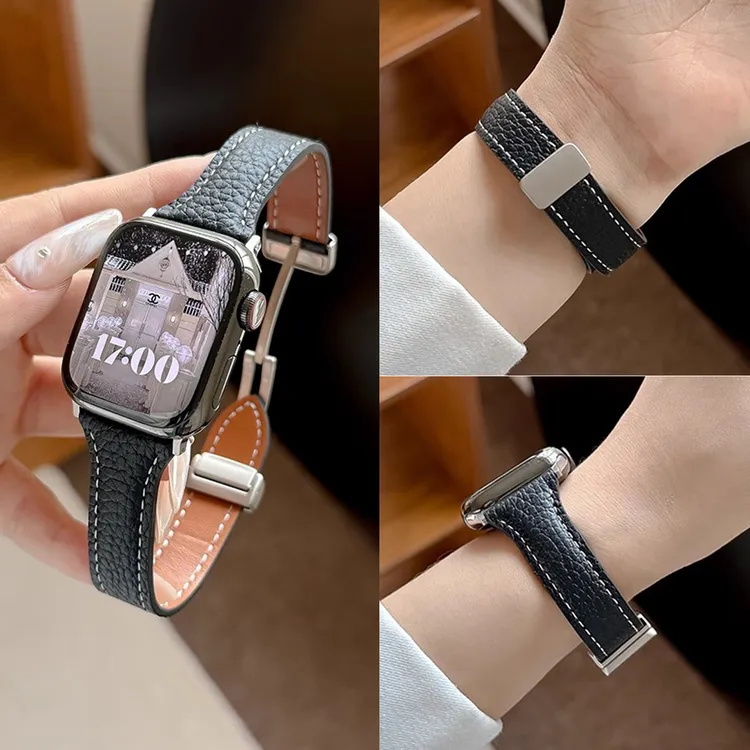 适用苹果s11手表表带真皮头层双面牛皮iwatch s10荔枝纹女秋冬SE