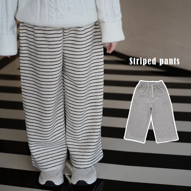 AnnieGirl冬季新款儿童慵懒风加绒加厚保暖条纹裤休闲裤直筒裤冬
