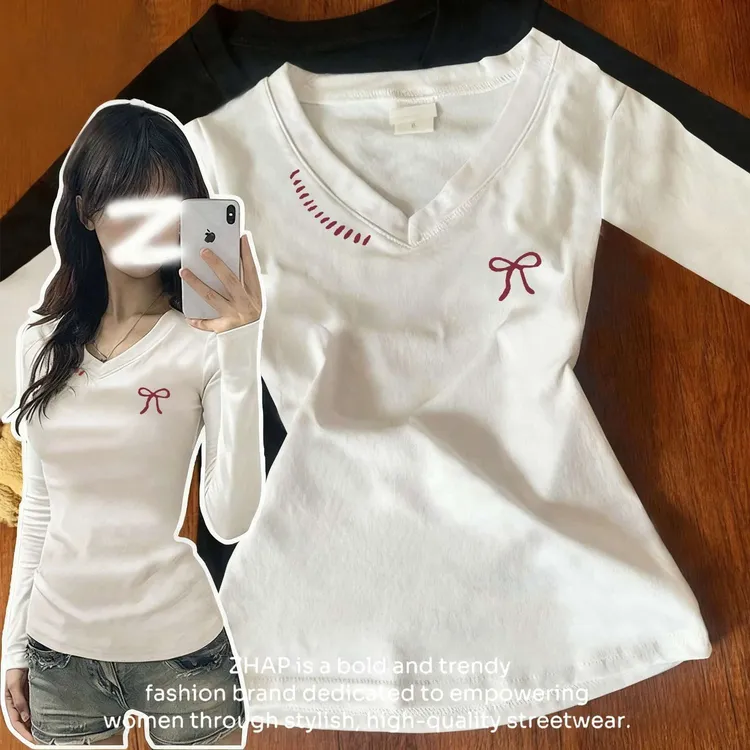 【ZHAP】V领长袖t恤女早秋款白色通勤休闲修身显瘦多巴胺穿搭上衣潮